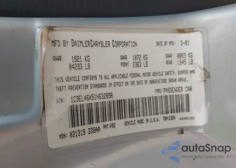 2001 Chrysler Sebring Lx из США, поврежденный, VIN 1C3EL46X51N632896